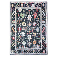 Load image into Gallery viewer, 9&#39;9&quot;x13&#39;9&quot; Charcoal Black, Soft Wool, Hand Knotted Afghan Angora Oushak with Pop of Color, Leaf Design, Vegetable Dyes, Oriental Rug FWR439404