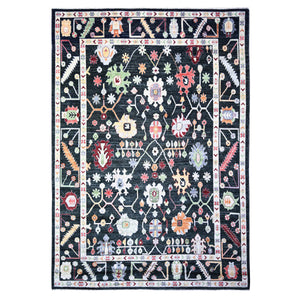 9'9"x13'9" Charcoal Black, Soft Wool, Hand Knotted Afghan Angora Oushak with Pop of Color, Leaf Design, Vegetable Dyes, Oriental Rug FWR439404