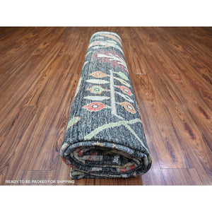9'9"x13'9" Charcoal Black, Soft Wool, Hand Knotted Afghan Angora Oushak with Pop of Color, Leaf Design, Vegetable Dyes, Oriental Rug FWR439404