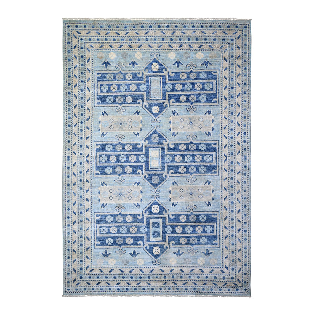 6'x9' Light Blue, Vegetable Dyes Soft and Shiny Wool, Hand Knotted Anatolian Village Inspired with Large Elements Design, Oriental Rug FWR439554