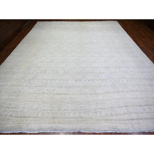 11'9"x14'3" Ice Gray, Natural Wool Hand Knotted, White Wash Peshawar with All Over Medallions Heavily Washed, Oversized Oriental Rug FWR439680