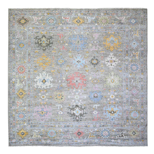 12'x12' Taupe, Afghan Angora Oushak with Geometric Leaf Design, Vegetable Dyes, Pure Wool, Hand Knotted Square Oriental Rug FWR439710