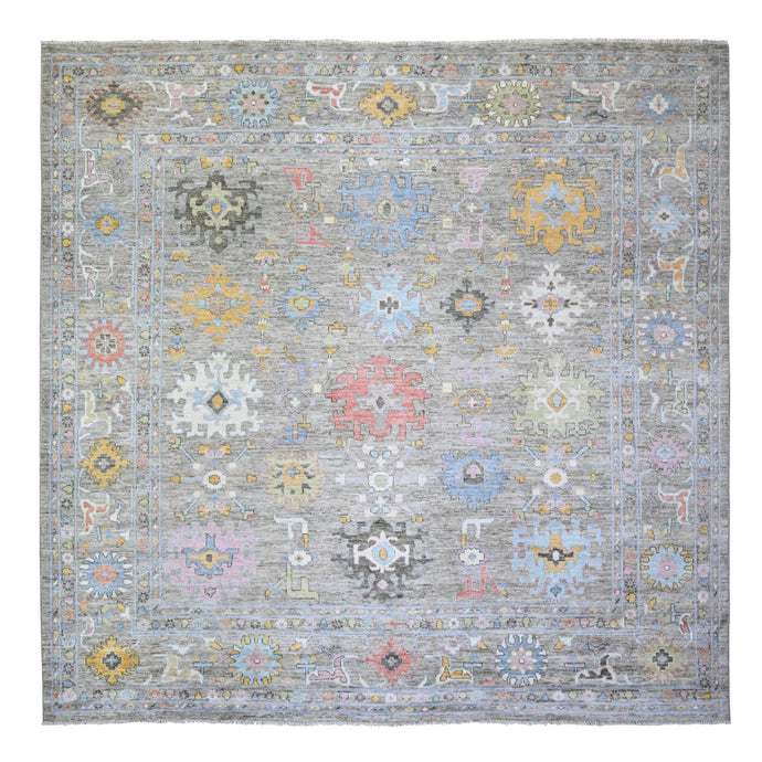 12'x12' Taupe, Afghan Angora Oushak with Geometric Leaf Design, Vegetable Dyes, Pure Wool, Hand Knotted Square Oriental Rug FWR439710