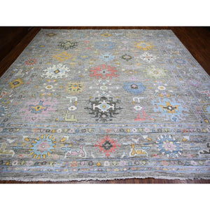 12'x12' Taupe, Afghan Angora Oushak with Geometric Leaf Design, Vegetable Dyes, Pure Wool, Hand Knotted Square Oriental Rug FWR439710