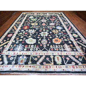 11'10"x15'4" Charcoal Black, Pure Wool, Afghan Angora Oushak with Pop of Color, Leaf Design, Oversized, Hand Knotted Vegetable Dyes, Oriental Rug FWR439716