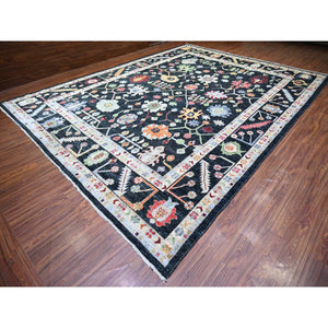 11'10"x15'4" Charcoal Black, Pure Wool, Afghan Angora Oushak with Pop of Color, Leaf Design, Oversized, Hand Knotted Vegetable Dyes, Oriental Rug FWR439716
