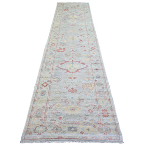 3'2"x13'7" Beige, Afghan Angora Oushak with All Over Motifs, Vegetable Dyes, Soft Wool, Hand Knotted, Wide Runner, Oriental Rug FWR439848