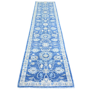 2'8"x11'8" BÕdazzled Blue, Soft Wool Hand Knotted, Finer Peshawar with Mahal Design, Densely Woven Natural Dyes, Runner Oriental Rug FWR440472