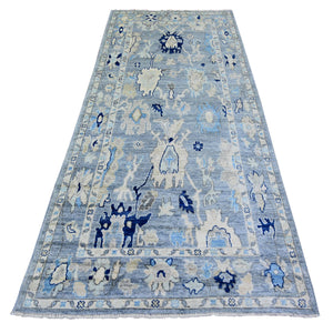 4'2"x9'5" Blue, Afghan Angora Oushak with All Over Leaf Design, Vegetable Dyes, Organic Wool, Hand Knotted, Wide Runner Oriental Rug FWR440484