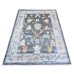 4'1"x6' Jet Gray, Natural Wool Hand Knotted, Afghan Angora Oushak with Colorful Vines Design Vegetable Dyes, Oriental Rug FWR440670
