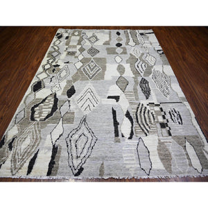 7'4"x9'6" Ivory, Natural Dyes Velvety Wool, Hand Knotted Beni Ourain Moroccan Berber Design, Oriental Rug FWR440952