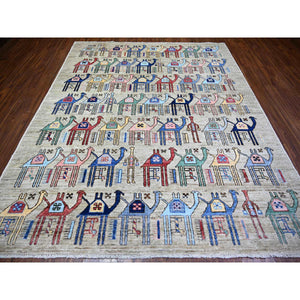 8'2"x9'9" Beige, Anatolian Village Inspired with All Over Camel Figurines Natural Dyes, Pure Wool Hand Knotted, Oriental Rug FWR441156