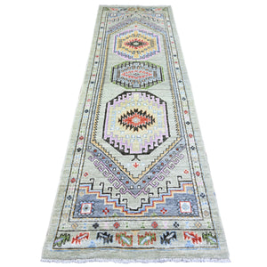 3'x10' Taupe, Pure Wool, with Multi Color Afghan Angora Oushak, Natural Dyes, Hand Knotted, Runner Oriental Rug FWR441216