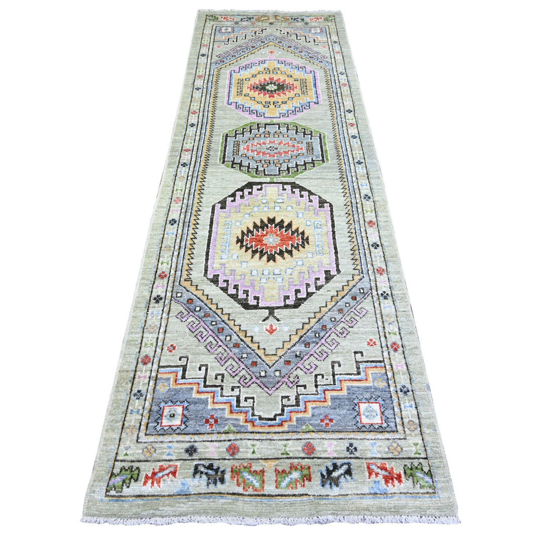 3'x10' Taupe, Pure Wool, with Multi Color Afghan Angora Oushak, Natural Dyes, Hand Knotted, Runner Oriental Rug FWR441216