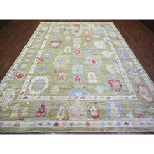 Load image into Gallery viewer, 9&#39;x11&#39;6&quot; Golden Green, Pure Wool Hand Knotted, Afghan Angora Oushak with Colorful Motifs, Oriental Rug FWR441486