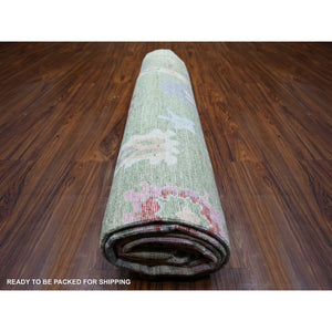 9'x11'6" Golden Green, Pure Wool Hand Knotted, Afghan Angora Oushak with Colorful Motifs, Oriental Rug FWR441486