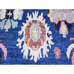 10'2"x10'2" Sapphire Blue, Afghan Angora Oushak with Pop of Colors Natural Dyes, Extra Soft Wool Hand Knotted, Square Oriental Rug FWR441522