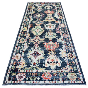 4'2"x9'6" Gunmetal Black, Afghan Angora Oushak with Colorful Motifs Natural Dyes, Soft Wool Hand Knotted, Wide Runner Oriental Rug FWR441588