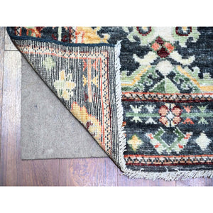 2'9"x9'9" True Black, 100% Wool Hand Knotted, Afghan Angora Oushak with Pop of Colors Natural Dyes, Runner Oriental Rug FWR441936