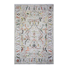 Load image into Gallery viewer, 6&#39;x9&#39;1&quot; Silver Gray, Afghan Angora Oushak with Colorful Pattern Natural Dyes, Soft Wool Hand Knotted, Oriental Rug FWR442284