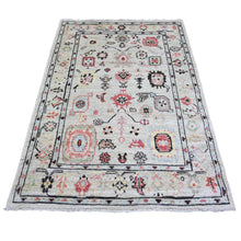 Load image into Gallery viewer, 4&#39;1&quot;x6&#39;1&quot; Silver Gray, Afghan Angora Oushak with Colorful Pattern Natural Dyes, Extra Soft Wool Hand Knotted, Oriental Rug FWR442482