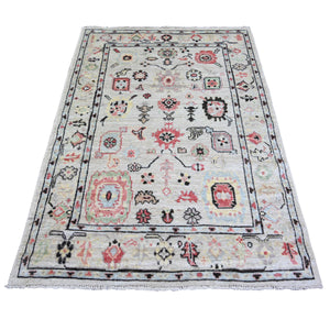 4'1"x6'1" Silver Gray, Afghan Angora Oushak with Colorful Pattern Natural Dyes, Extra Soft Wool Hand Knotted, Oriental Rug FWR442482