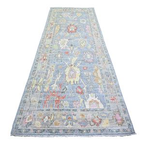4'1"x11'7" Air Force Blue, Hand Knotted Afghan Angora Oushak with Colorful Motifs, Natural Dyes Pure Wool, Wide Runner Oriental Rug FWR442494