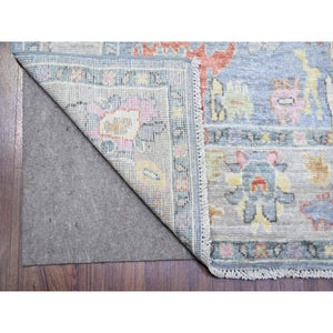4'1"x11'7" Air Force Blue, Hand Knotted Afghan Angora Oushak with Colorful Motifs, Natural Dyes Pure Wool, Wide Runner Oriental Rug FWR442494