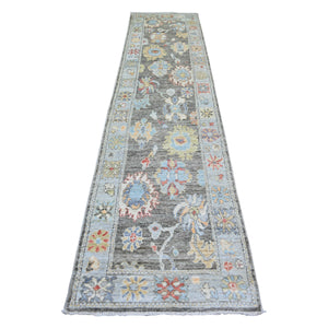 2'8"x11'5" Davy's Gray, Afghan Angora Oushak with Colorful Patterns, Natural Dyes, 100% Wool, Hand Knotted, Runner Oriental Rug FWR443256