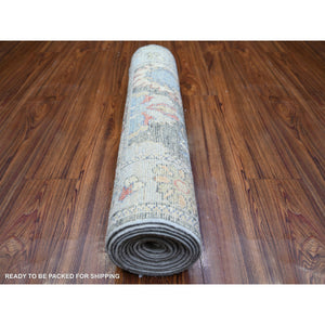 2'8"x11'5" Davy's Gray, Afghan Angora Oushak with Colorful Patterns, Natural Dyes, 100% Wool, Hand Knotted, Runner Oriental Rug FWR443256