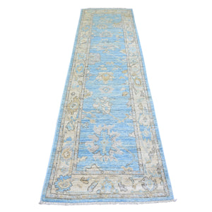2'9"x9'9" Berry Blue, Afghan Angora Oushak With Faded Colors, Natural Dyes, Soft Wool, Hand Knotted, Runner Oriental Rug FWR443268