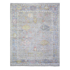 8'1"x9'10" Cloud Gray, Afghan Angora Oushak with Colorful Deisgn, Natural Dyes, Extra Soft Wool, Hand Knotted, Oriental Rug FWR443322