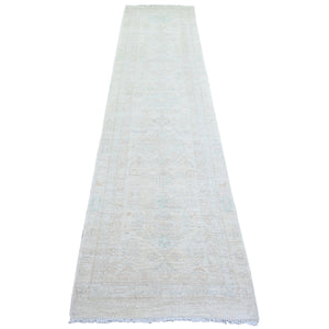 2'7"x11'3" White Wash Peshawar with Faded Colors Vegetable Dyes, 100% Wool Hand Knotted, Runner Oriental Rug FWR443664