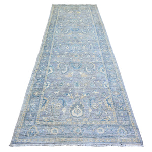 3'10"x11'9" Cloud Gray, Finer Peshawar with Soft Colors Natural Dyes, Extra Soft Wool Hand Knotted, Wide Runner Oriental Rug FWR443730