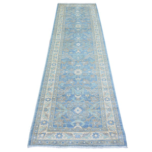 2'8"x9'6" Beau Blue, Natural Dyes Finer Peshawar with Faded Colors, Extra Soft Wool Hand Knotted, Runner Oriental Rug FWR443778