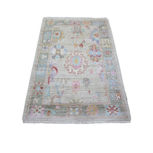 3'6"x4'10" Cloud Gray, Afghan Angora Oushak with Colorful Motifs, Natural Dyes, 100% Wool, Hand Knotted, Oriental Rug FWR443856