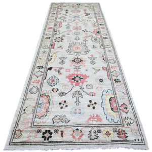4'2"x11'8" Spring Gray, Soft Wool, Hand Knotted, Afghan Angora Oushak with Colorful Pattern, Natural Dyes, Runner Oriental Rug FWR443892