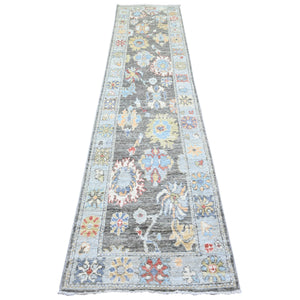 2'6"x11'4" DavyÕs Gray, 100% Wool, Hand Knotted, Afghan Angora Oushak with All Over Colorful Motifs, Natural Dyes, Runner Oriental Rug FWR444000