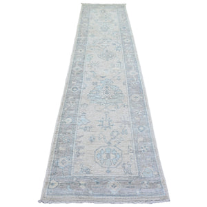 2'8"x11'7" Timberwolf Gray, Afghan Angora Oushak with Faded Colors, Natural Dyes, 100% Wool, Hand Knotted, Runner Oriental Rug FWR444024