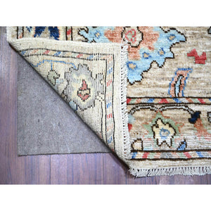 3'2"x11'6" Baked Bread Brown, Afghan Angora Oushak with Colorful Motifs Natural Dyes, Pure Wool Hand Knotted, Runner Oriental Rug FWR444030