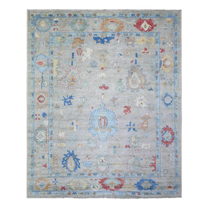 8'4"x9'8" Cloud Gray, Natural Dyes Soft Wool, Hand Knotted Afghan Angora Oushak with Colorful Motifs, Oriental Rug FWR444132