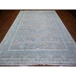 8'10"x11'9" Cloud Gray, Stone Washed Peshawar with Pomegranate Garden Khotan Design Vegetable Dyes, Soft Wool Hand Knotted, Oriental Rug FWR444276