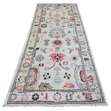 Load image into Gallery viewer, 4&#39;1&quot;x9&#39;6&quot; Cloud Gray, Afghan Angora Oushak with Colorful Leaf Design, Hand Knotted, Pure Wool, Natural Dyes, Wide Runner Oriental Rug FWR444438