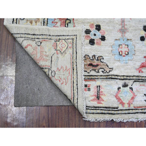 4'1"x9'6" Cloud Gray, Afghan Angora Oushak with Colorful Leaf Design, Hand Knotted, Pure Wool, Natural Dyes, Wide Runner Oriental Rug FWR444438