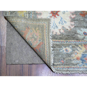 3'x11'10" Nevada Gray, Afghan Angora Oushak with Colorful Leaf Design, Hand Knotted, Pure Wool, Natural Dyes Oriental Runner Rug FWR444606