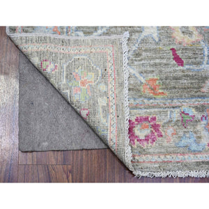 2'8"x11'9" Battleship Gray, Afghan Angora Oushak with Large Leaf Design, Hand Knotted Pure Wool, Natural Dyes Oriental Runner Rug FWR444666