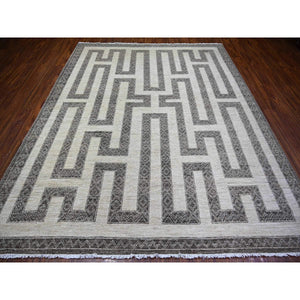 8'1"x9'9" Taupe Brown, Finer Peshawar with Intricate Geometric Motifs Maze Design Natural Dyes, 100% Wool Hand Knotted, Oriental Rug FWR445128