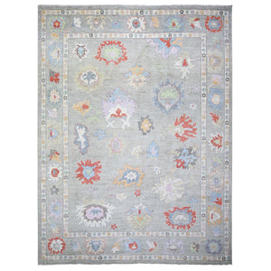 12'x15'8" Cloud Gray, Hand Knotted Extra Soft Wool, Natural Dyes Afghan Angora Oushak with Colorful Motifs, Oversized Oriental Rug FWR445194