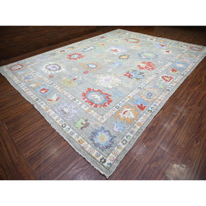 12'x15'8" Cloud Gray, Hand Knotted Extra Soft Wool, Natural Dyes Afghan Angora Oushak with Colorful Motifs, Oversized Oriental Rug FWR445194