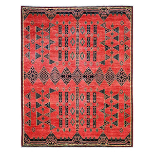 8'1"x9'8" Crimson Red, Pure Wool Hand Knotted, Fine Peshawar with Intricate Geometric Motifs Natural Dyes, Oriental Rug FWR445272